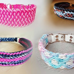 May include: Four braided paracord collars featuring various color combinations including hot pink, black, blue, silver, and pastel tones. Each collar includes a metal buckle, D-ring, and rivets, showcasing intricate woven patterns and durable construction.