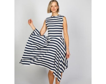 Jersey dress Raja stripes blue gray cotton