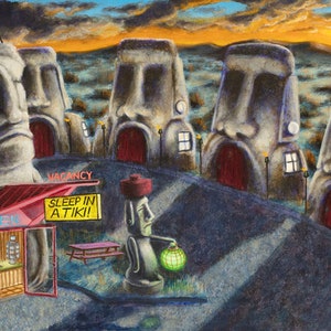 16”x 20” Carta pesante CARTA CARTA “The Moai Motel” Dormire in un Tiki, Roadside America, Route 66, Arizona Desert Wigwam RARABIRD Art Painting