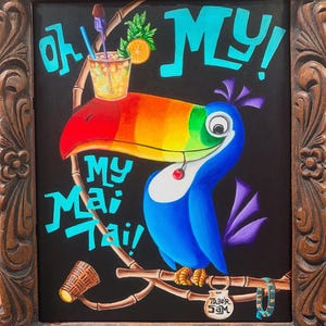 ORIGINAL Painting “Trad’r Sam” Acrylic Canvas FRAMED Toucan Sam Froot Loops Guinness Tiki Art Show Rarabird Mai Tai Cocktail Guinness Advert