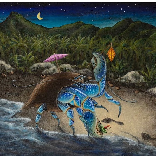8 1/2"x11 PAPER PRINT “Friday's Night Light" Hermit Crab Niu Niu Coconut Rum Label Forbidden Island Tiki Bar Robinson Crusoe Friday RARABIRD