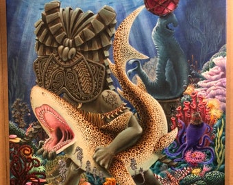 ORIGINAL Exotica Moderne Magazine Cover Art “Lucha Tigre” Ku Tiki God Wrestling Leopard Shark Undersea Coral Reef Ocean RARABIRD Painting