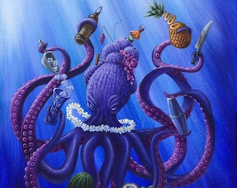 11'x17" PAPER PRINT "The Purple Orchidpus" Purple Orchid Exotic Tiki Bar Lounge Octopus Undersea Bartender Geisha Rarabird Painting Art