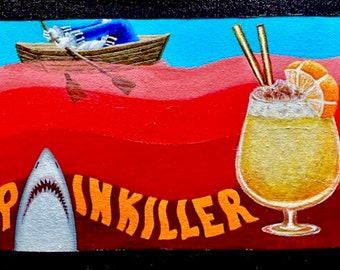 Painkiller 11”x17” Rum Tiki Tropical Cocktail Bar Drink Menu Art Shark Attack British Colonial Dingy Boat Row Oars Beach Island Beverage