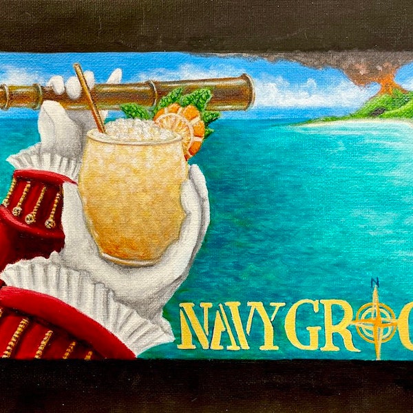 Navy Grog PAPER PRINT 11”x17” Rum Tiki Cocktail Bar Drink Menu Art British Colonial Explorer Telescope Island Volcano South Pacific Ocean