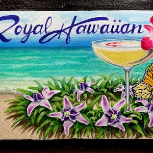 Royal Hawaiian PAPER PRINT 8,5"x11" Rum Tiki Cocktail Bar Drink Menu Art Princess Kailuani Monarch Crown Flower Lei Pacific Island Beach