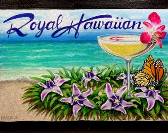 Royal Hawaiian PAPER PRINT 11”x17” Rum Tiki Cocktail Bar Drink Menu Art Princess Kailuani Monarch Crown Flower Lei Pacific Island Beach