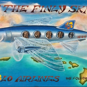11x17 PAPER PRINT Mālolo Airlines Flying Fish Tiki Gods Retro Airplane Hawaii Travel Poster RARABIRD Art Painting image 1