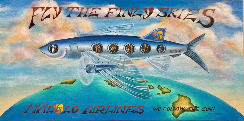 11x17 PAPER PRINT Mālolo Airlines Flying Fish Tiki Gods Retro Airplane Hawaii Travel Poster RARABIRD Art Painting image 1