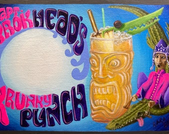 Captain Krokhead’s Krunky Punch PAPER PRINT 8.5x11” Rum Tiki Cocktail Bar Drink Crocodile Gator Krakatoa Java Volcano Tsunami Wave Menu Art