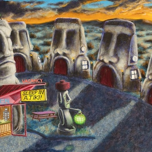 Stampa su carta 11"x17" "The Moai Motel" Dormire in un Tiki, Roadside America, Route 66, Americana, Arizona Desert Wigwam RARABIRD Art Painting