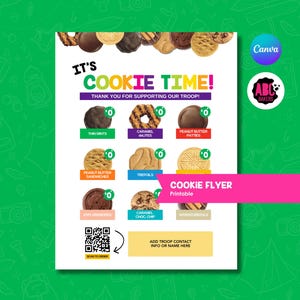 Pode incluir: Um folheto colorido com o texto "IT'S COOKIE TIME!" e imagens de vários biscoitos. O folheto inclui um código QR e o texto "ADD TROOP CONTACT INFO OR NAME HERE". O folheto é para uma venda de biscoitos.