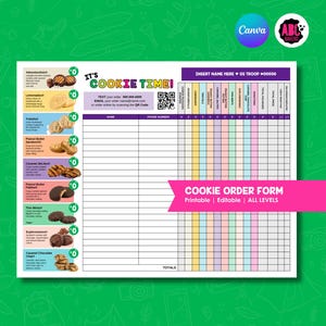 May include: A printable cookie order form with a pink banner that reads "Cookie Order Form". The form includes a list of cookie types with images, and spaces for customer information. The words "It's Cookie Time!" are at the top.