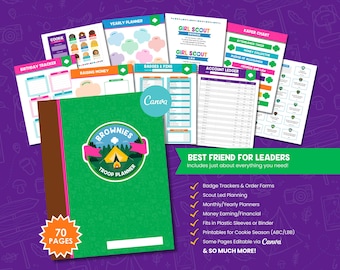 Planificador imprimible para líderes de tropa de las Brownies / Carpeta de Girl Scouts, temporada de galletas, reuniones, registro de insignias y finanzas / Descarga digital