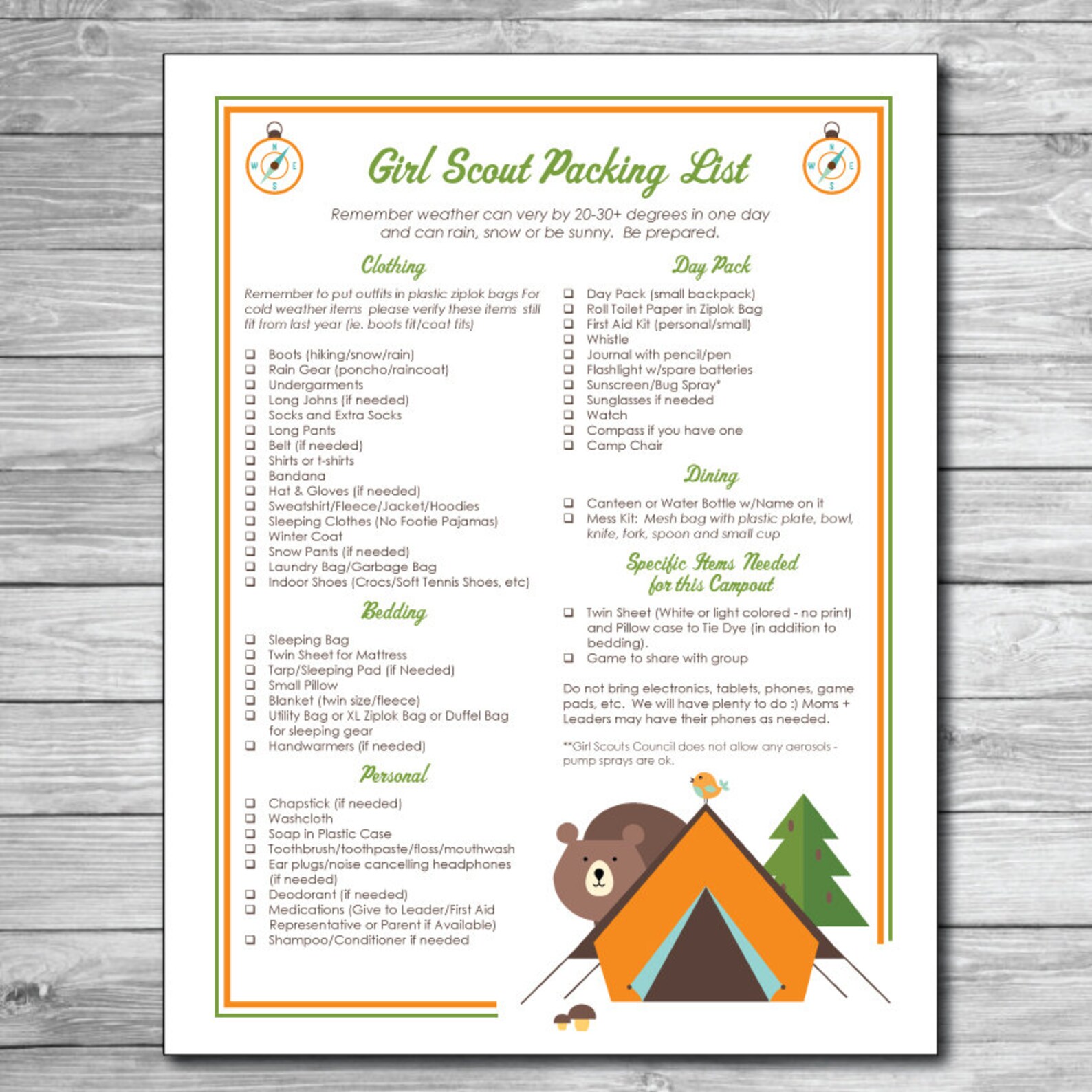 Girl Scout Packing List Camping Cabins Clothing List Etsy