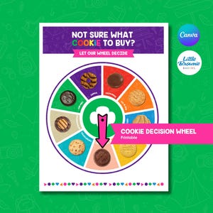 Puede incluir: Una rueda de decisión de galletas imprimible con un diseño morado y blanco. La rueda presenta varios tipos de galletas, con el texto «¿NO ESTÁS SEGURO QUÉ GALLETA COMPRAR? DEJA QUE NUESTRA RUEDA DECIDA». Una pancarta rosa dice «COOKIE DECISION WHEEL Imprimible».