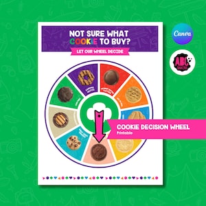 May include: A printable cookie decision wheel with a purple and white background. The wheel features various cookie types, with the text "Not Sure What Cookie to Buy? Let Our Wheel Decide." A pink banner reads "Cookie Decision Wheel Printable."
