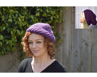 Hand-Knit Purple Soft Angora Slouch Hat