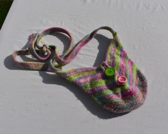Hand-Knit Hand-felted Pink/Green Small Chevron Purse