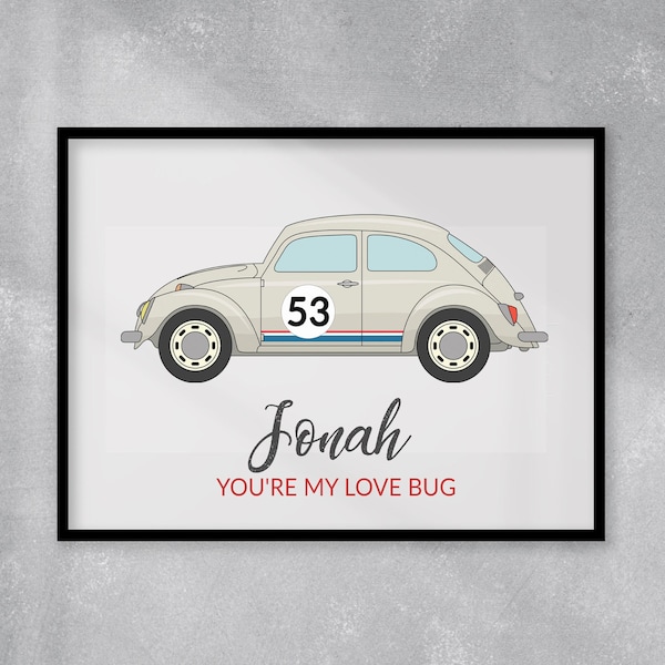 Personalisierter Love Bug Print, Herbie romantisches Wandkunstgeschenk, digitaler Download, jeder Name