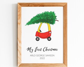 Personalised Christmas Cozy Coupé Print, First Christmas Printable, Holiday wall art gift, Digital Download