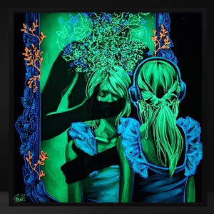 May include: A neon green and blue artwork shows two figures, one wearing headphones. The artwork has a dark background with glowing green and blue accents, including floral patterns and a silhouette embracing the figures.