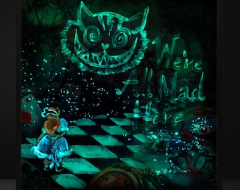 Alice In Wonderland, Canvas Print, Hand Painted Parts, Glow In The Dark, Cheshire Cat, Mad Hatter