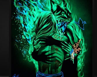 Over The Rainbow VI., Leinwanddruck, Handbemalte Teile, PTBS, Glow In The Dark, Mental Gesundheit, Schwarzlicht