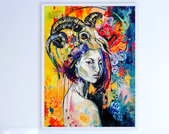 Aries, Oil Painting, Zodiac Star Sign, Celestial Wall Art, Horoscope, Astronomy, Astrology Home Decor
