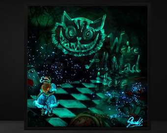 Alice In Wonderland, Canvas Print, Hand Painted Parts, Glow In The Dark, Cheshire Cat, Mad Hatter