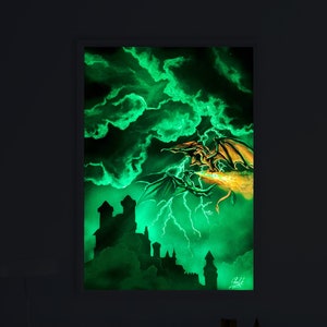 Drachentanz II., Acrylmalerei, Glow In The Dark, Drachenkunst, UV, Schwarzlicht, Drachentanz, zeitgenössische Kunst, moderne Malerei