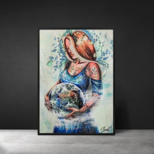 May include: Framed art print featuring a woman holding a globe. The artwork depicts a woman with long auburn hair and a blue dress, surrounded by floral and celestial elements. The globe is detailed with continents and oceans, and the overall color palette is soft blues and greens.