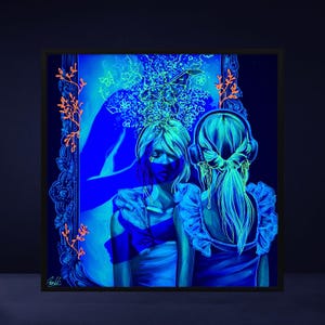 May include: A framed artwork in shades of blue, with neon green highlights. Two figures are depicted, one wearing headphones. The artwork has a surreal, dreamlike quality, with floral and butterfly motifs. The frame is black.