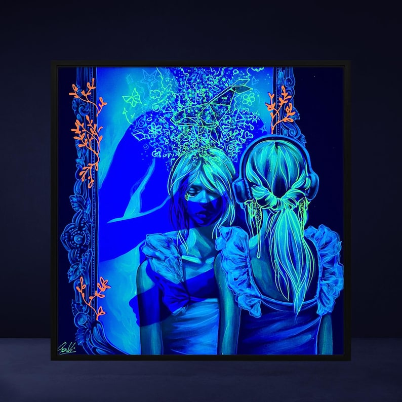 May include: A framed artwork in shades of blue, with neon green highlights. Two figures are depicted, one wearing headphones. The artwork has a surreal, dreamlike quality, with floral and butterfly motifs. The frame is black.