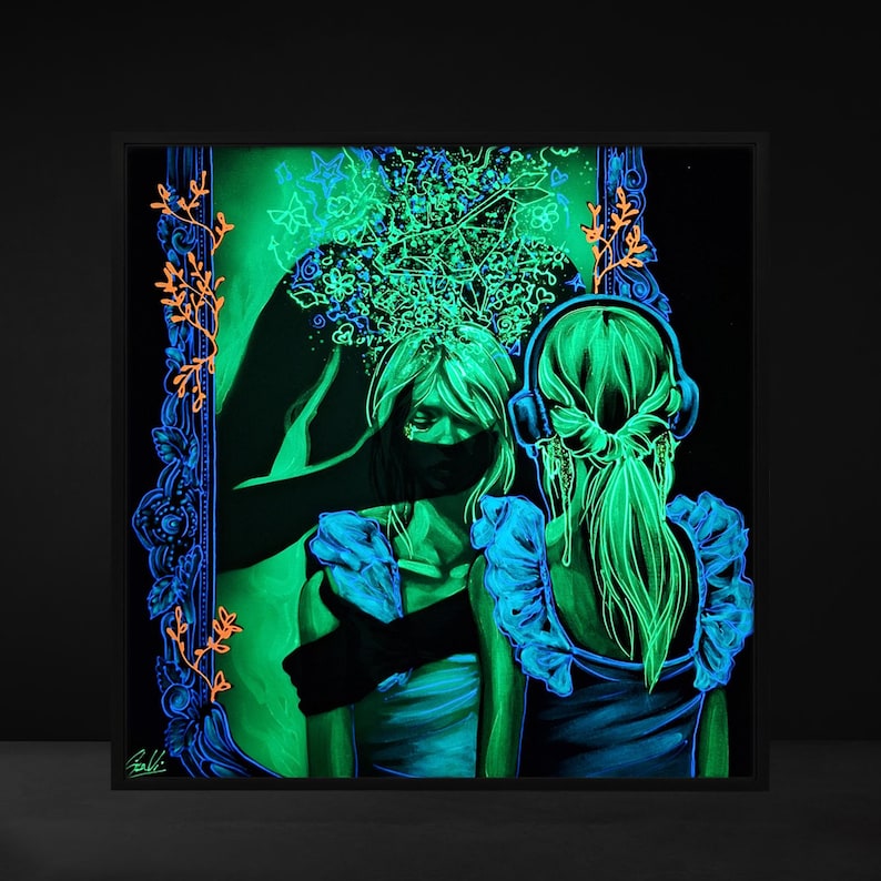 May include: A neon green and blue artwork shows two figures, one wearing headphones. The artwork has a dark background with glowing green and blue accents, including floral patterns and a silhouette embracing the figures.