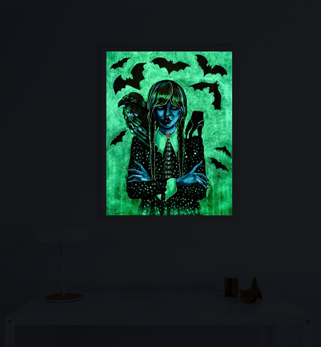 Wednesday, Painting, Glow in the Dark, Witch, Raven, Family, Gothic Art
