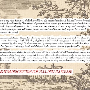 May include: A beige paper background featuring a black ink illustration of a chateau and trees. The text describes a monthly mail club subscription service, detailing that it includes art prints and stickers inspired by Djo songs and themes.