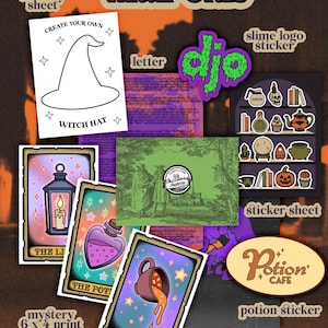 May include: A collection of stationery items labeled October Mail Club, including an activity sheet with a witch hat, a green slime logo sticker, a sticker sheet with potion bottles, three mystery 6x4 prints, a Potion Cafe sticker, and a letter wrap.