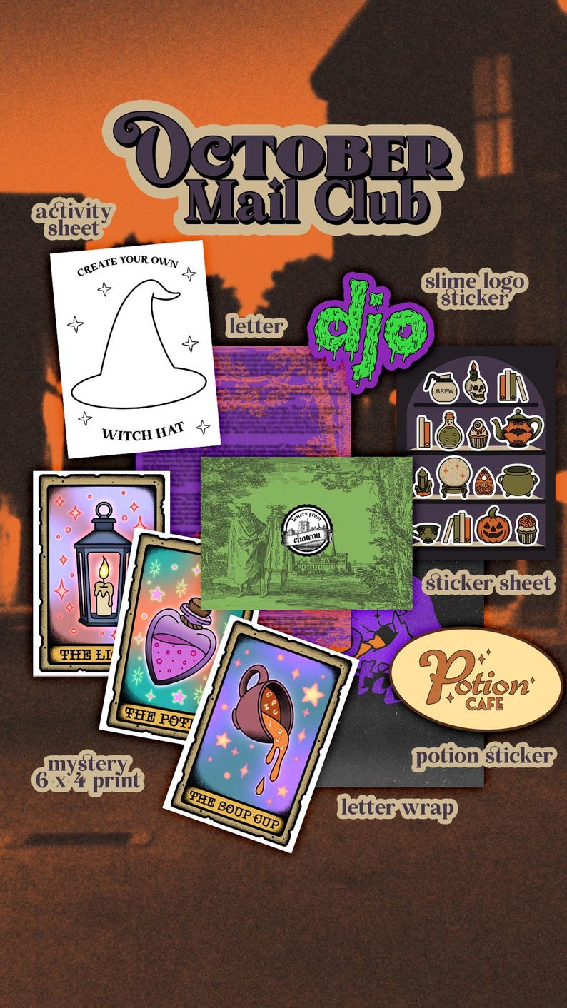 May include: A collection of stationery items labeled October Mail Club, including an activity sheet with a witch hat, a green slime logo sticker, a sticker sheet with potion bottles, three mystery 6x4 prints, a Potion Cafe sticker, and a letter wrap.