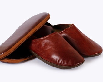 Brown Leather Travel Slippers With Case - For Men And Women!