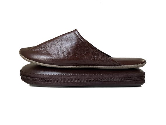Dark Brown Leather Travel Slippers With Case - for Men and Women