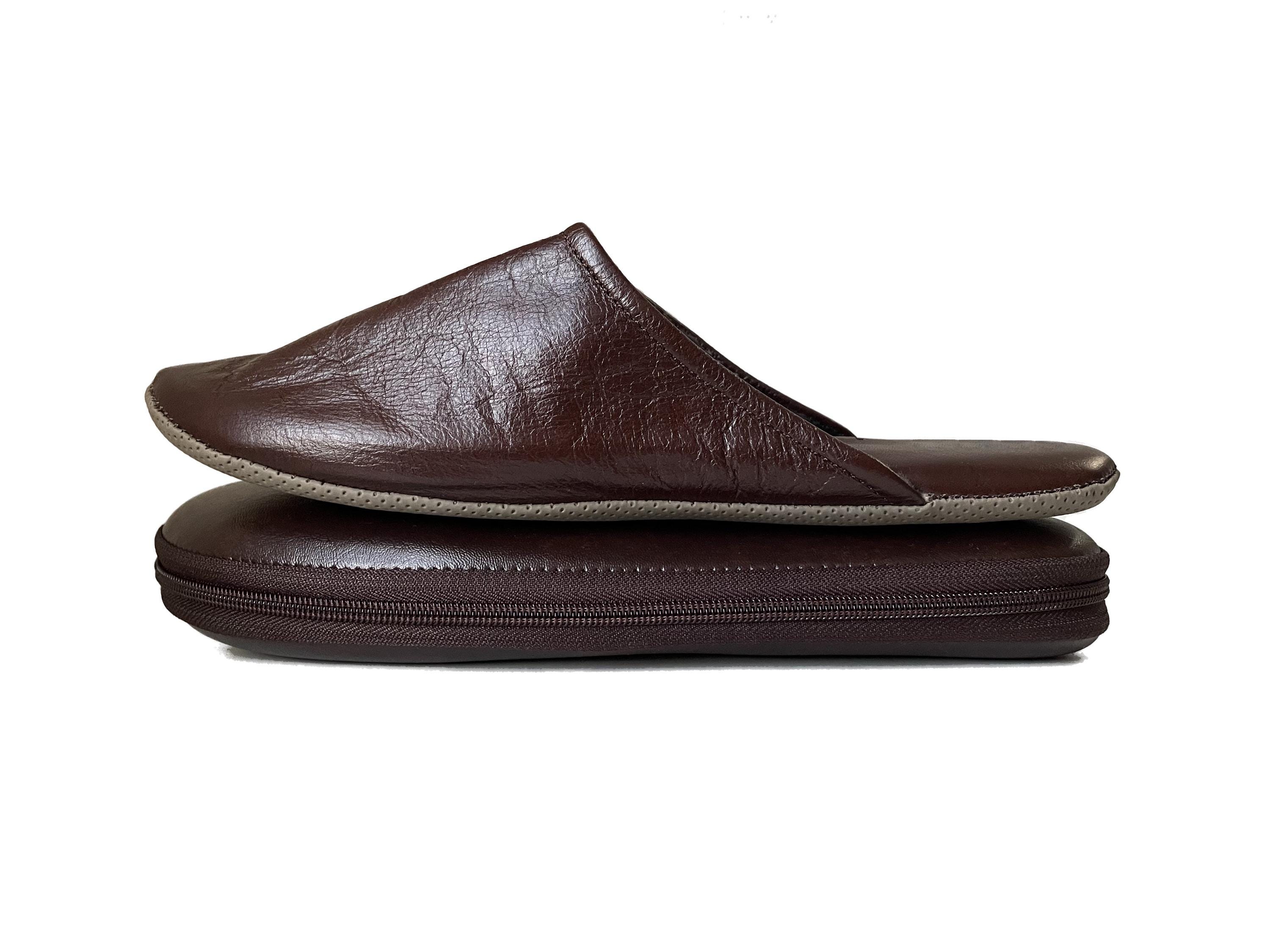Dark Brown Leather Travel Slippers With Case - For Men And Women!