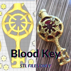May include: A 3D printed gold key with a circular design and a red centre. The key is labelled "Blood Key" and "STL FILES ONLY".