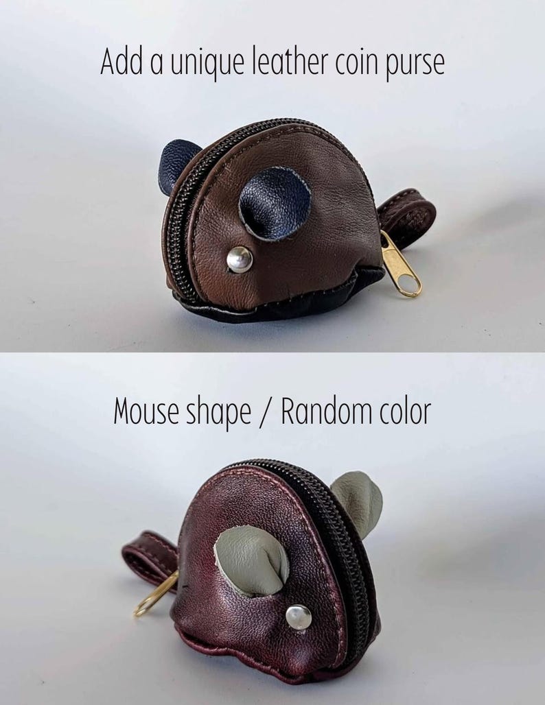 May include: A small brown leather coin purse shaped like a mouse. The purse has a zipper closure and a small, round, silver button on the side. The mouse's ears are made of black leather.