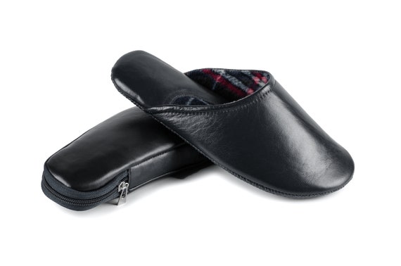 Black Leather Travel Slippers With Case - for Men and Women! - Etsy