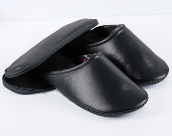 Pantoufles de voyage en cuir noir avec étui - Pour hommes et femmes !