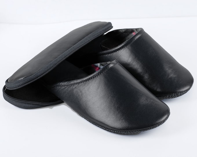 mens leather travel slippers with pouch