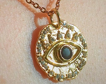 Ancient Eye Necklace | Evil Eye | Natural Blue Sapphire | 14k Gold or 950 Platinum on 925 Silver | Protection Necklace | Special Discount