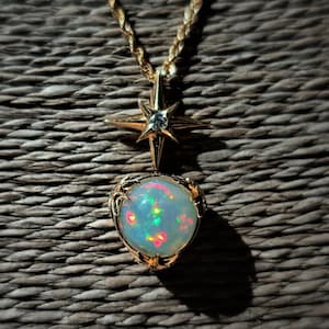 This Necklace is Named The Aurora Borealis Under Starlight | This 14K Solid Gold Piece Has A Museum Grade Opal & 4x D Grade Natural Diamonds