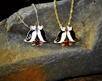 Puffins Necklace | Natural Red Garnet Gemstone | Twisted Curb Chain | 14K Gold or 950 Platinum on Solid 925 Silver | Cliffs of Moher Puffins